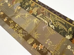 縞に御所車・花々・松模様織出し袋帯